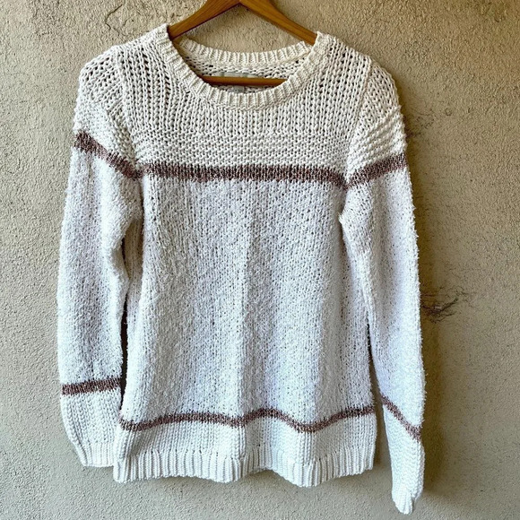 Ann Taylor LOFT Serenade Stripe Open Knit Sweater Size Medium Ivory White - Picture 4 of 8